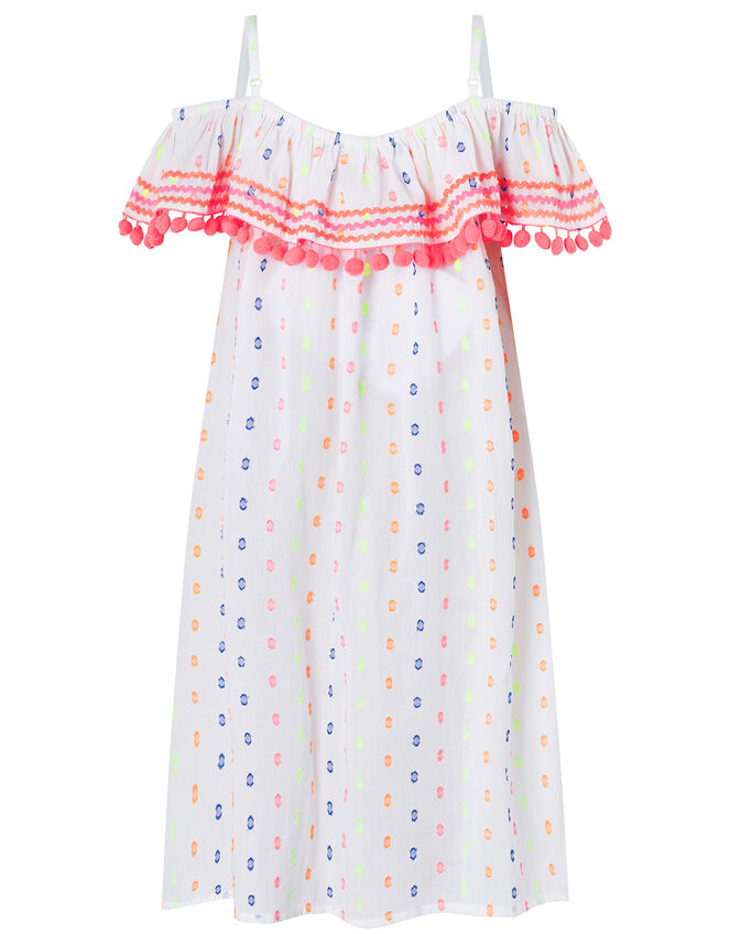 Dobby Spot Bardot Dress with Pom-Pom Trim, White (WHITE), large