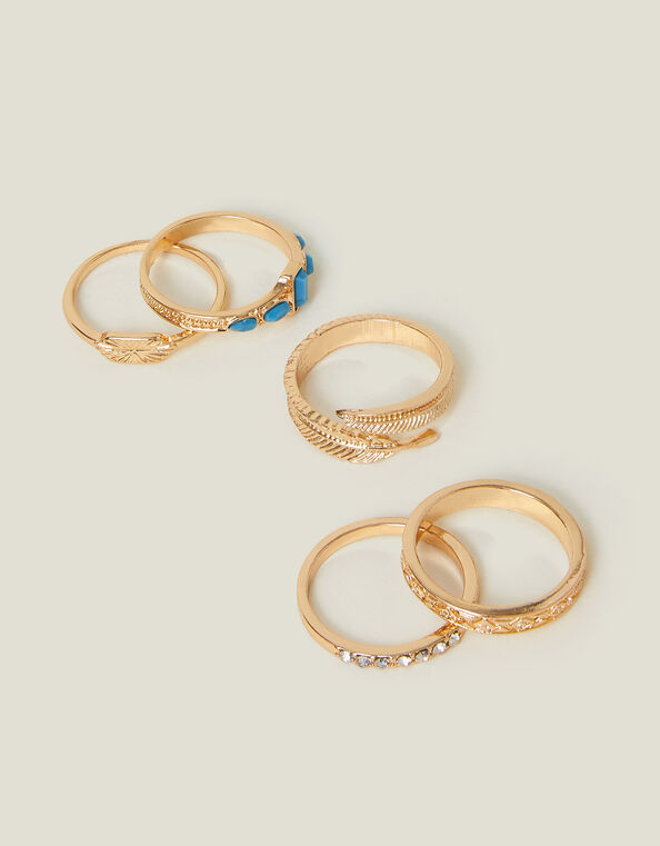 5-Pack Feather Stone Rings Gold, Gold (GOLD), large