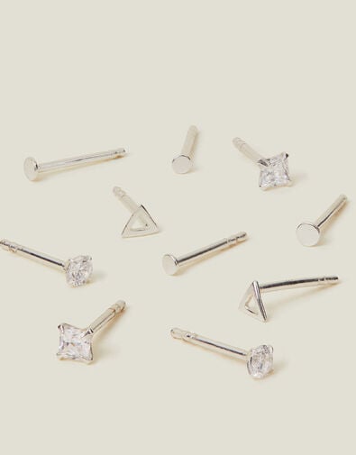 5-Pack Sterling Silver Shape Stud Earrings, Silver (ST SILVER), large