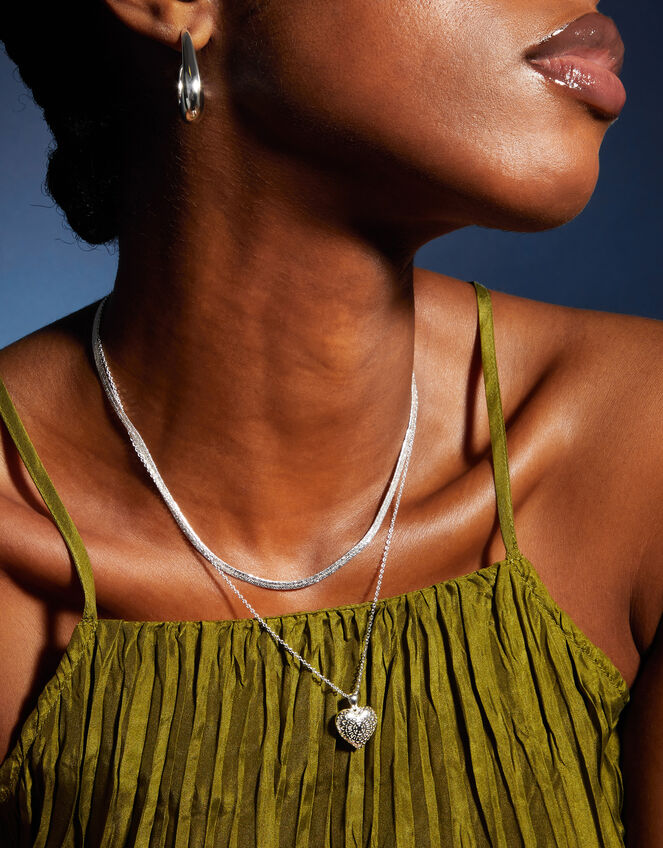 Sterling Silver-Plated Filigree Heart Pendant Necklace, , large