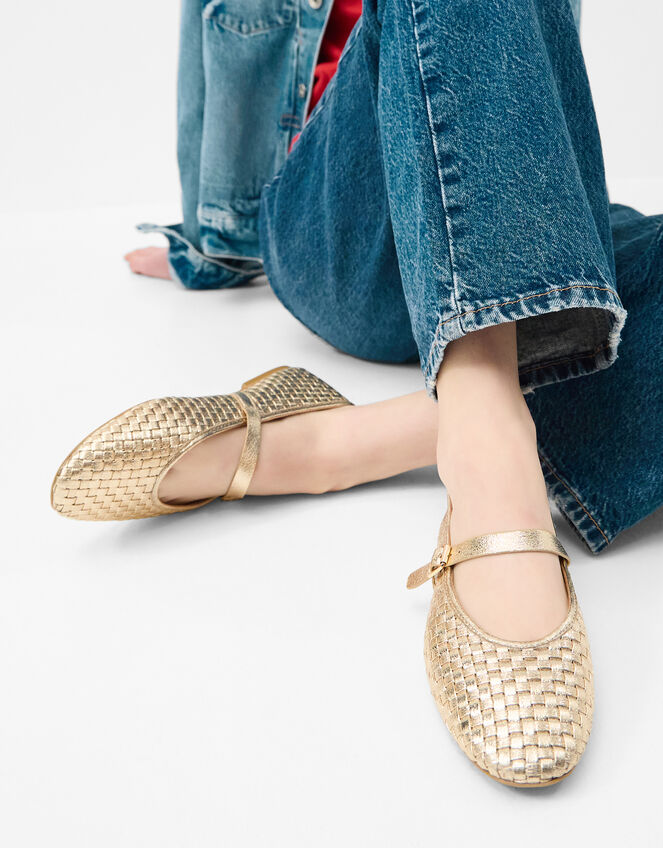 Woven Mary Jane Ballet Flats, Gold (GOLD), large