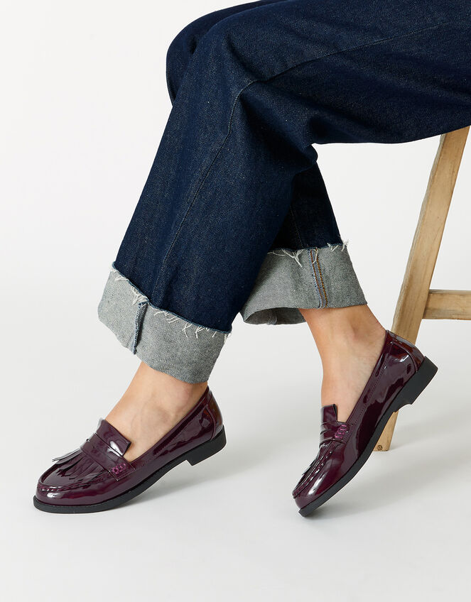 Fringe Trim Loafers, Red (BURGUNDY), large