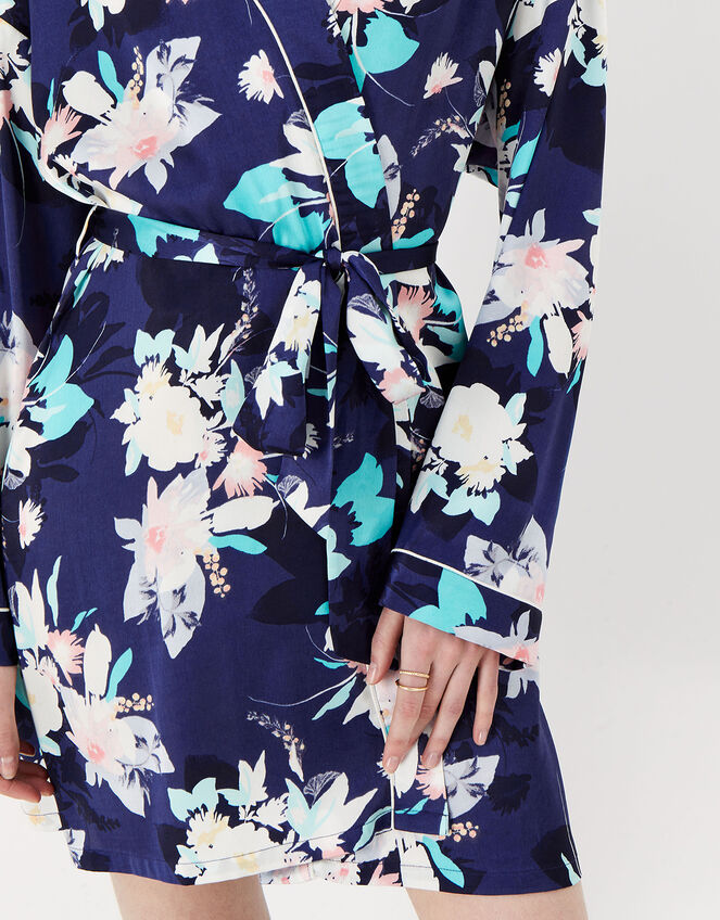 Leila Floral Satin Robe, Blue (NAVY), large