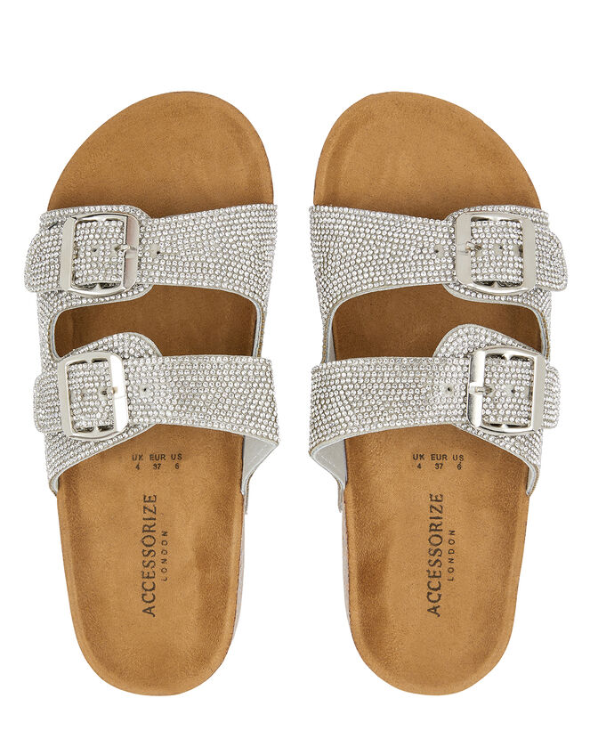 Diamante Buckle Sliders Silver, Sandals & Flip Flops