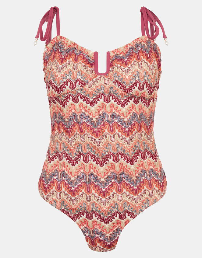 Crochet Tie Strap Swimsuit, Red (RED), large