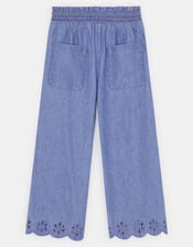 Girls Broderie Trim Chambray Trousers, Blue (BLUE), large