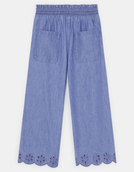 Girls Broderie Trim Chambray Trousers, Blue (BLUE), large