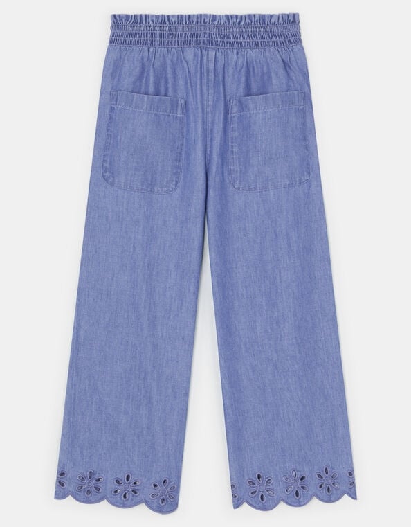 Girls Broderie Trim Chambray Trousers, Blue (BLUE), large