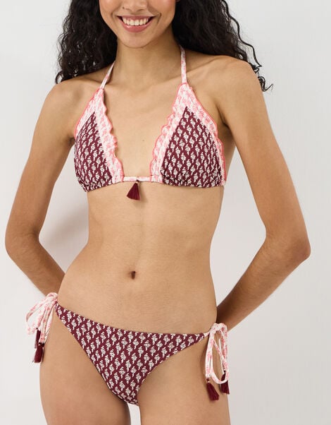 Frill Floral Triangle Bikini Top, Red (BURGUNDY), large