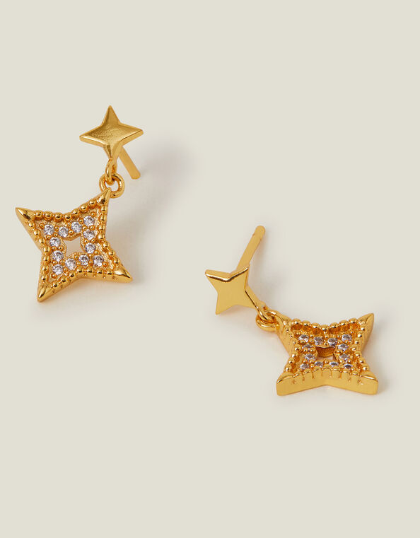 14ct Gold-Plated Diamante Star Drop Earrings, , large