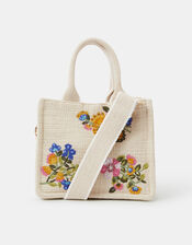 Mini Floral Embroidered Woven Handbag Cream, , large