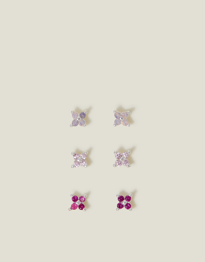 3-Pack Sterling Silver-Plated Flower Stud Earrings, , large