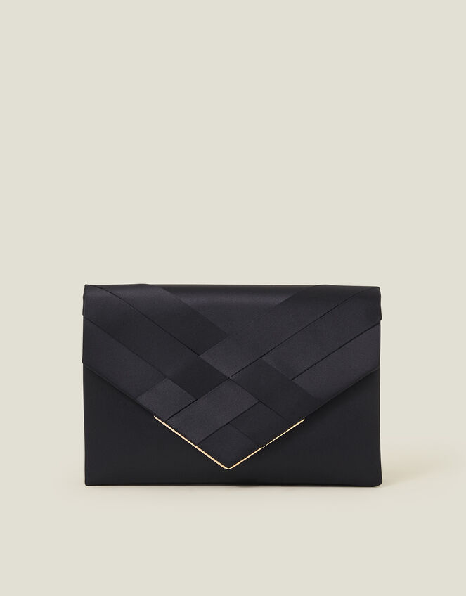 Woven Satin Envelope Clutch Bag, Blue (NAVY), large