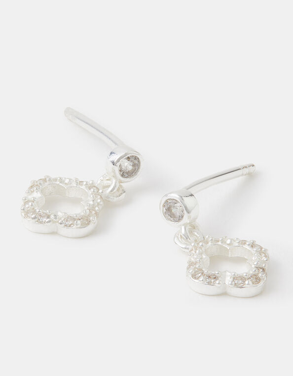 Sterling Silver Diamanté Clover Drop Earrings, , large