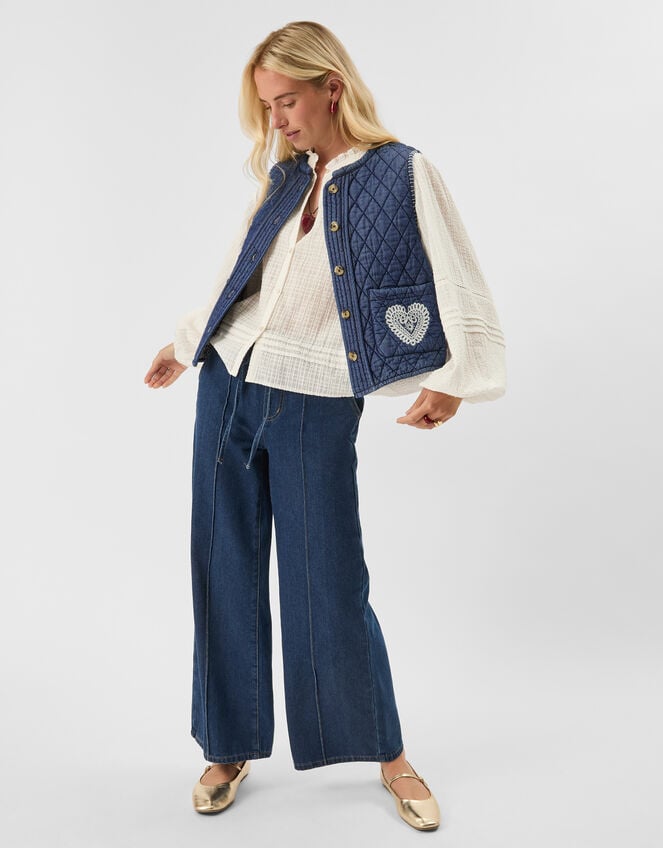 Heart Quilted Denim Waistcoat, DENIM, large