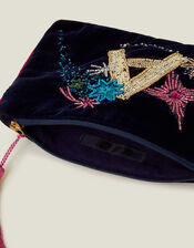 Velvet Initial Embellished Medium Pouch, Blue (NAVY), large