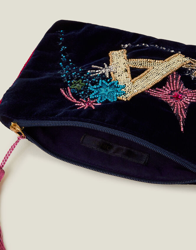 Velvet Initial Embellished Medium Pouch, Blue (NAVY), large