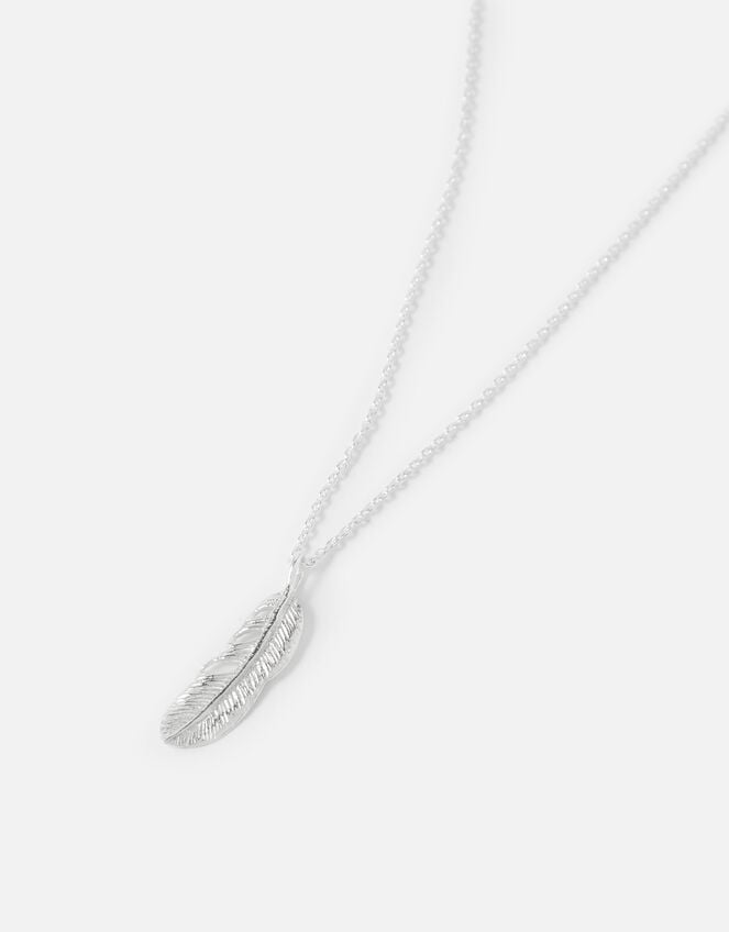 Sterling Silver Feather Pendant Necklace, , large