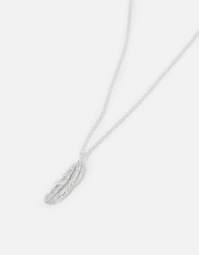 Sterling Silver Feather Pendant Necklace, , large