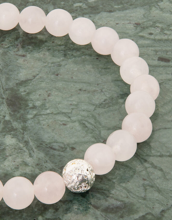 Sterling Silver-Plated Rose Quartz Beaded Bracelet, , large