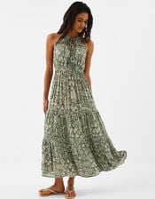Printed Halter Neck Maxi Dress, Green (KHAKI), large
