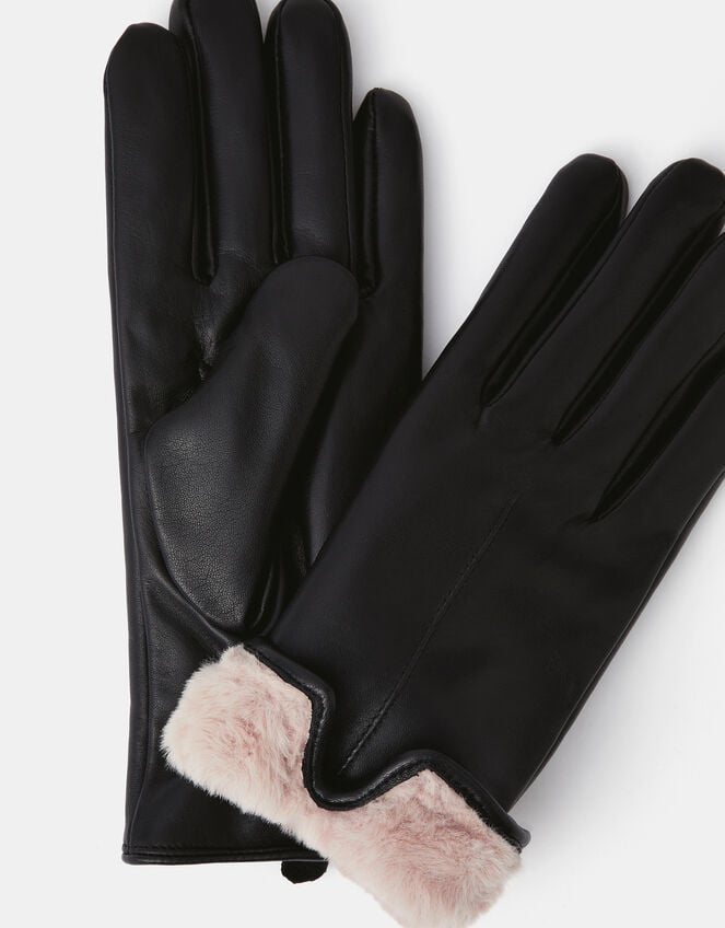 Faux Fur Lined Leather Gloves, Black (BLACK), large