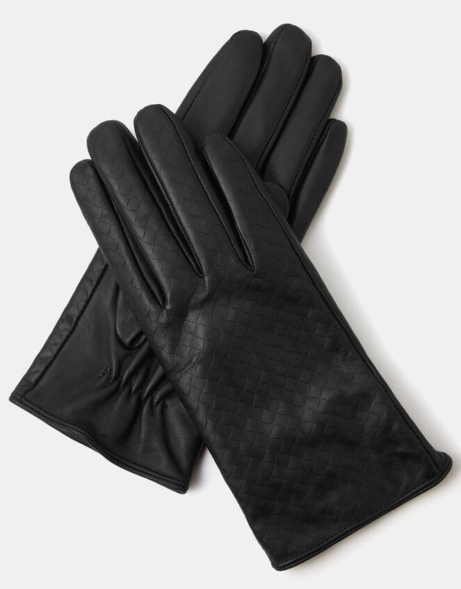 Woven Leather Gloves, Black (BLACK), large