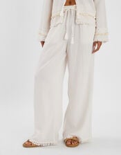Mirror Embellished Wide Leg Trousers, Ivory (IVORY), large
