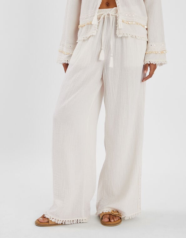 Mirror Embellished Wide Leg Trousers, Ivory (IVORY), large