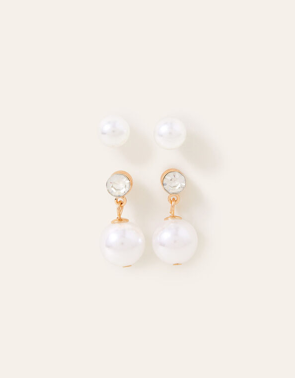 Tiny Pearl Stud and Short Drop Earrings Set of Two, , large