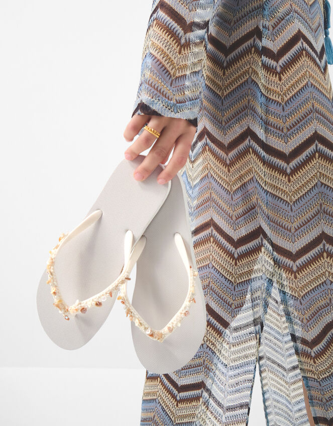 Bead Embellished Flip Flops, White (WHITE), large
