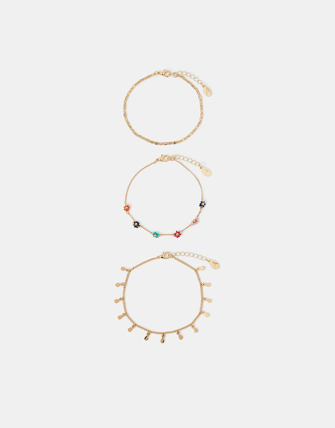 3-Pack Bead Flower Charm Anklets, , large