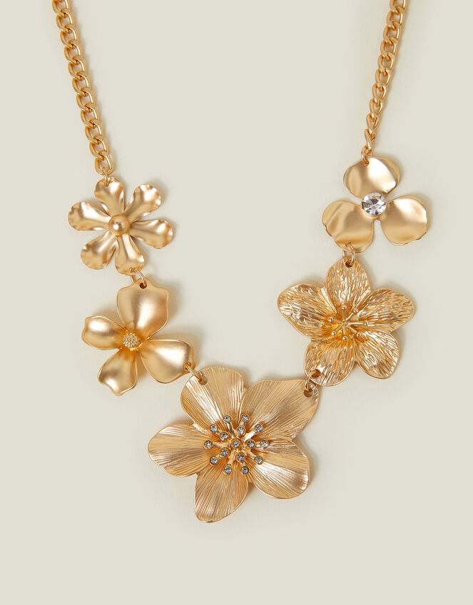 Statement Flower Chain Necklace Gold, , large