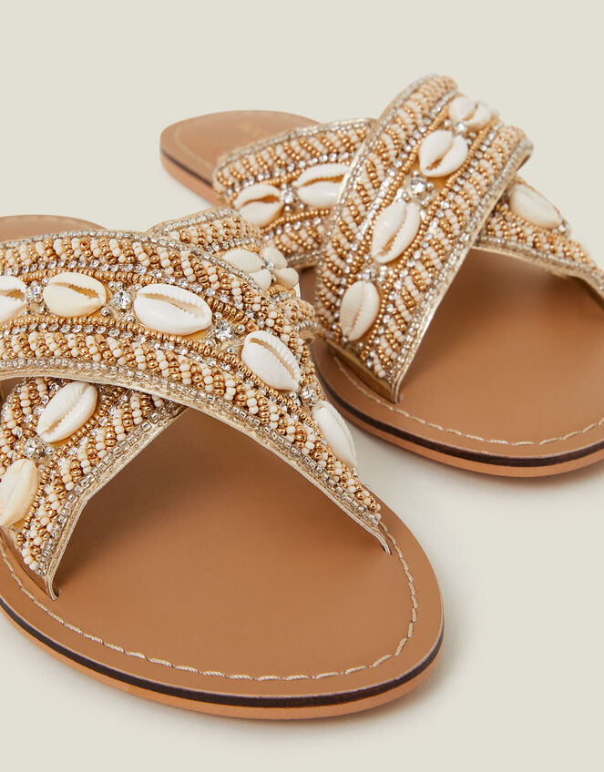 Shell Cross-Strap Sandals, Gold (GOLD), large