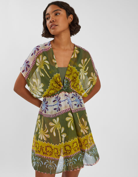 Palm Print Mini Kaftan Dress, Green (KHAKI), large