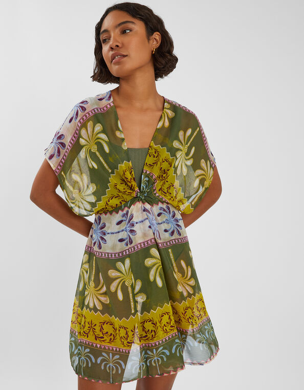 Palm Print Mini Kaftan Dress, Green (KHAKI), large