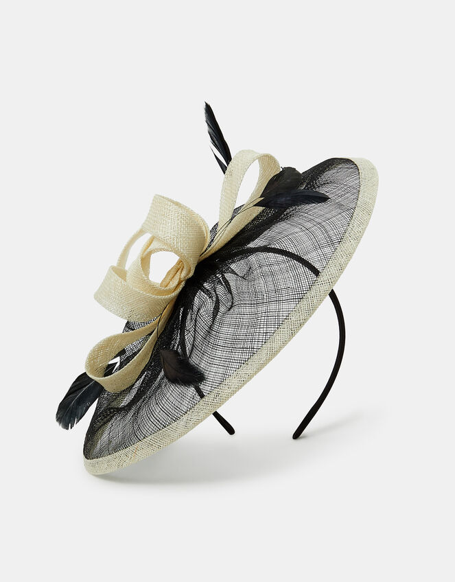 Woven Bow Feather Disc Fascinator, Black (BLACK WHITE), large