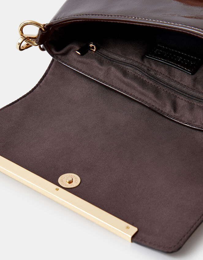 Fold Over Patent Faux Leather Shoulder Bag, , large