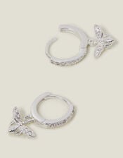 Sterling Silver-Plated Bee Drop Huggie Hoop Earrings, , large