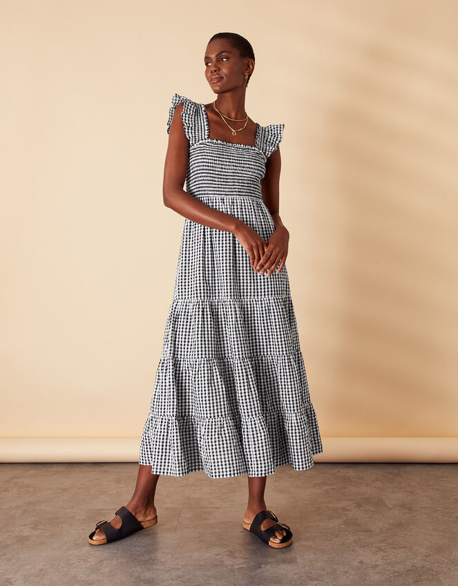 Gingham Tiered Dress, Black (BLACK WHITE), large