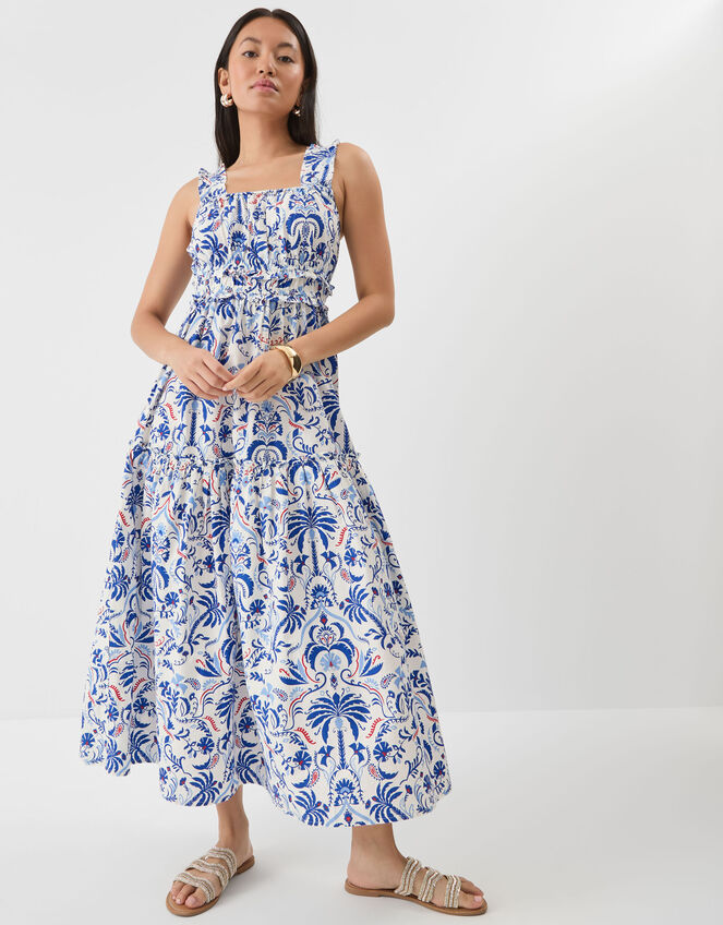 Palm Print Tiered Maxi Dress, Blue (BLUE), large