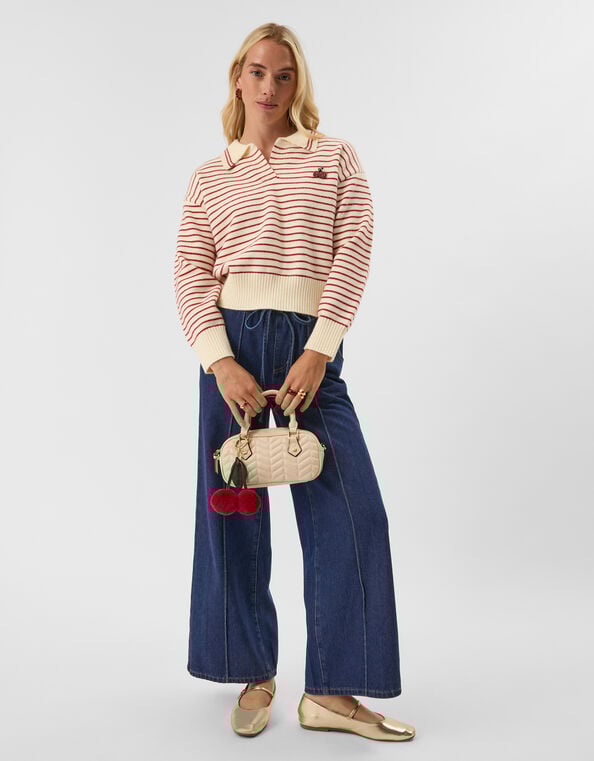 Denim Pintuck Wide Leg Trousers, Blue (DARK BLUE), large