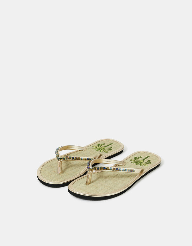 Beaded Palm Seagrass Flip Flops, Gold (GOLD), large