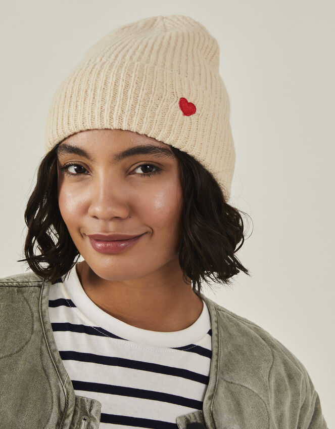 Embroidered Heart Beanie Hat, Natural (NATURAL), large