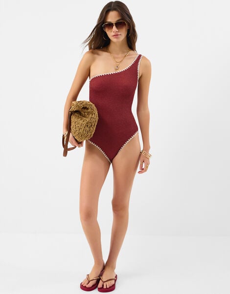One-Shoulder Shaping Swimsuit, Orange (RUST), large