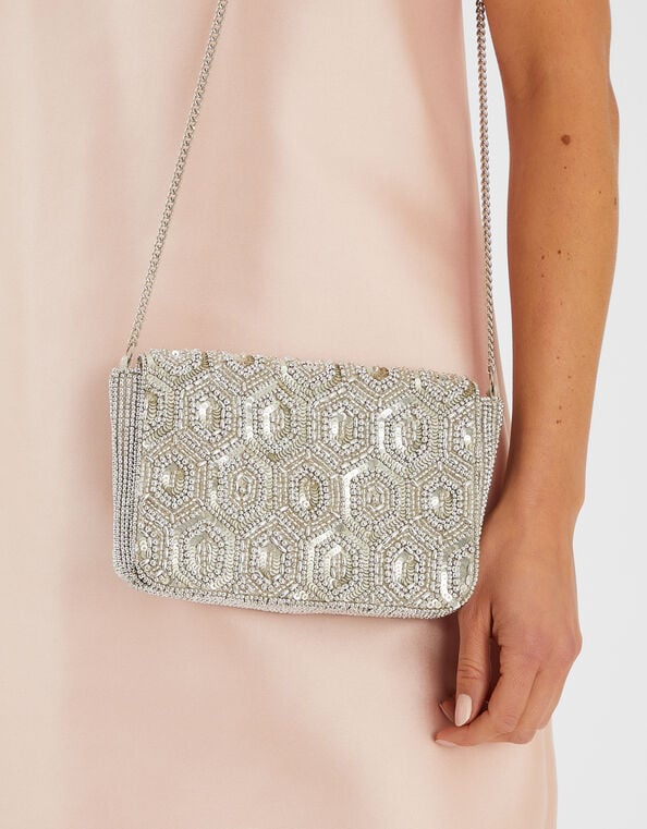 Embellished Fold Over Clutch Bag, Silver (SILVER), large