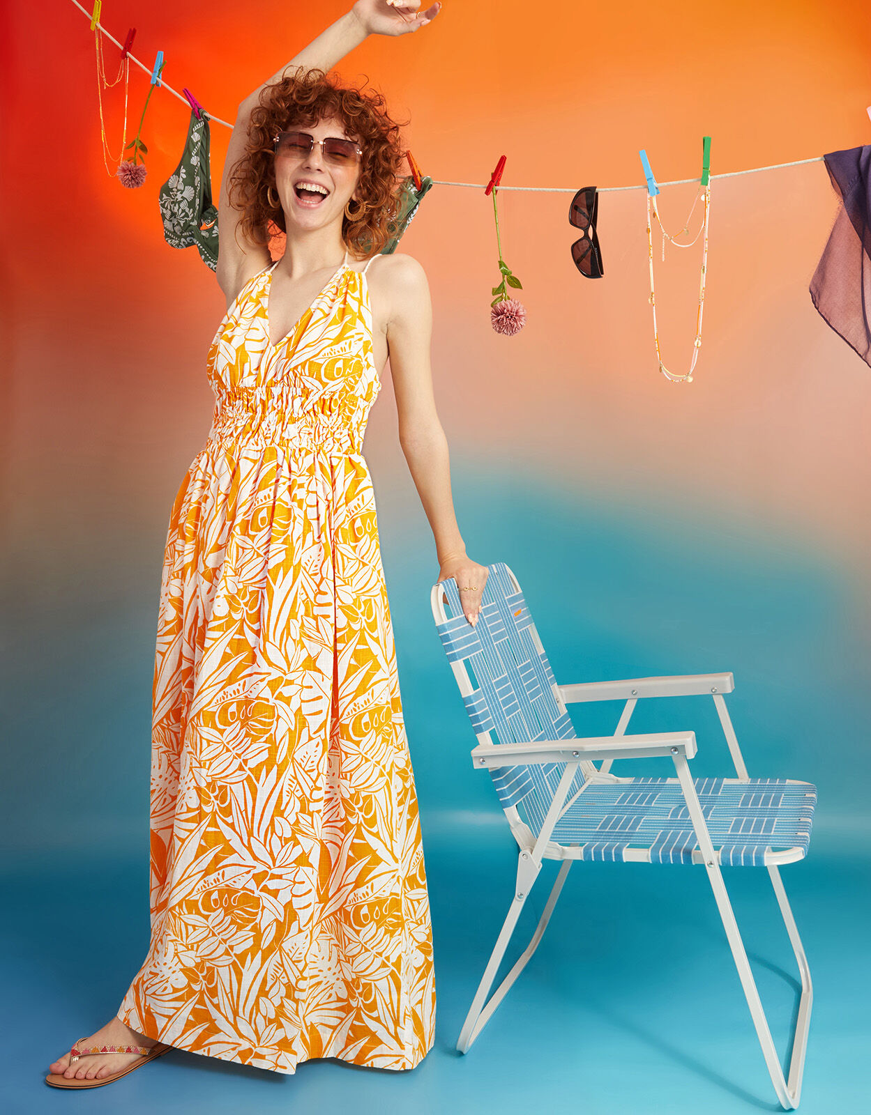 Foliage Print Strappy Sundress Yellow Beach holiday dresses