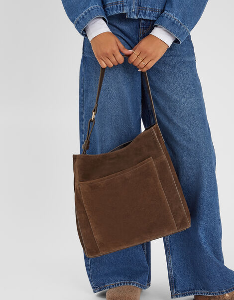 Large Pocket Suede Shoulder Bag, , large