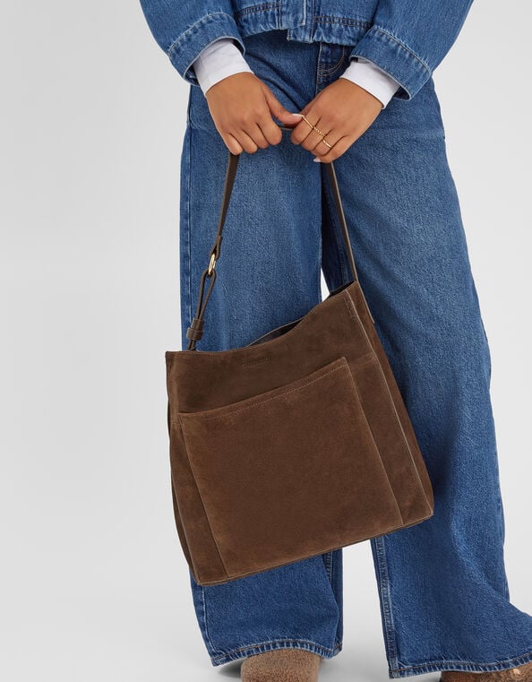 Large Pocket Suede Shoulder Bag, , large