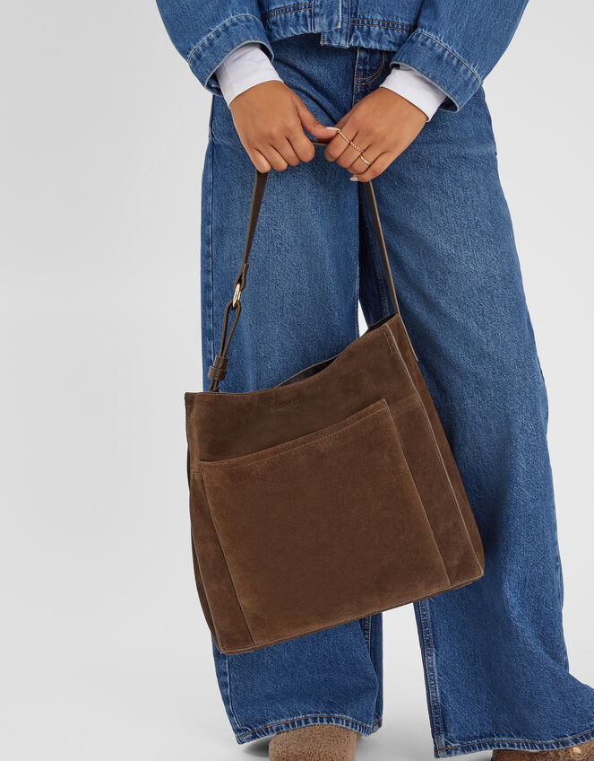 Large Pocket Suede Shoulder Bag, , large